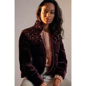 Maeve Anthropologie Womens Vera Puffer Jacket Sequined Velvet Purple Medium NEW